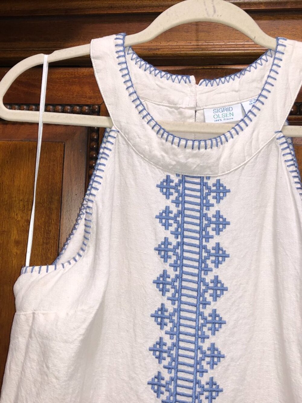Sigrid Olsen 100% Linen White Blue Embroidered Halter Shift Dress Medium - Picture 6 of 7